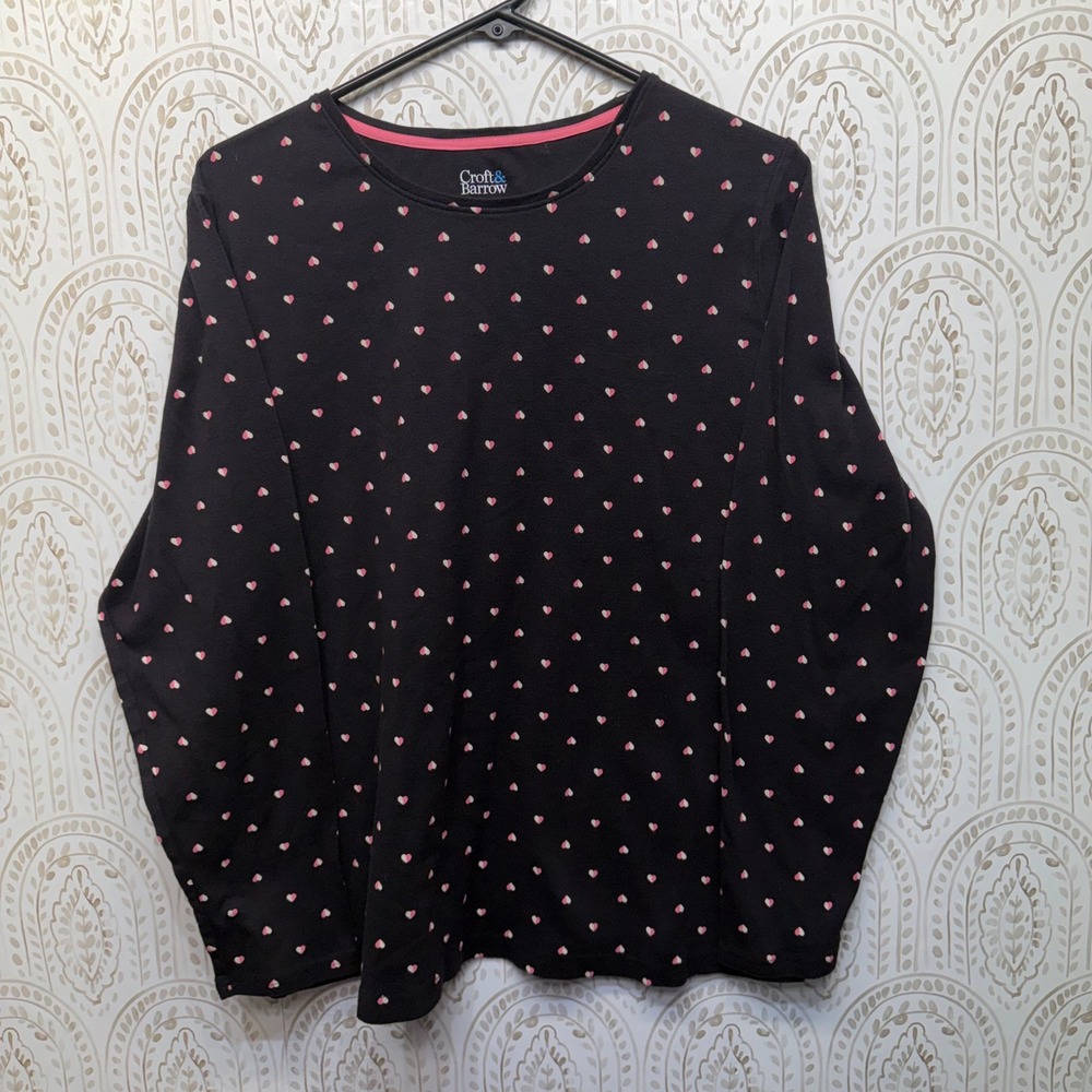 Croft & Barrow The Classic Tee Womens 1X Black Pink Heart Print Long Sleeve‎ Top